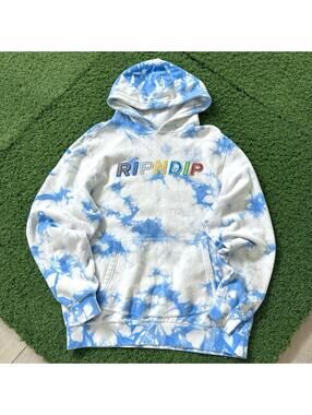 RIPNDIP Tie Dye Spellout Hoodie Mens S Sky Blue White Embroidered Skate Y2K RLX